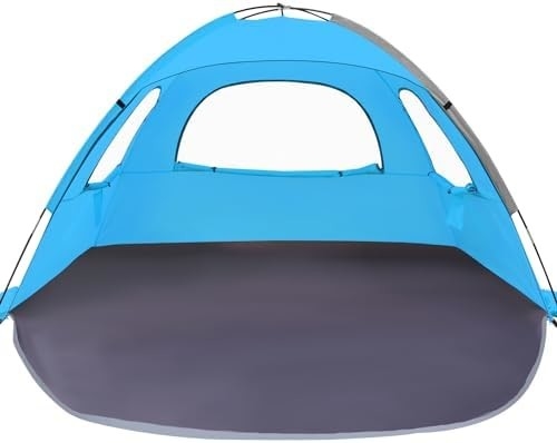 WhiteFang Beach Tent Anti-UV Portable Sun Shade Shelter untuk 3/4/6 Orang, Lantai yang dapat diperluas dengan 3 Lampu Ventilasi Mesh