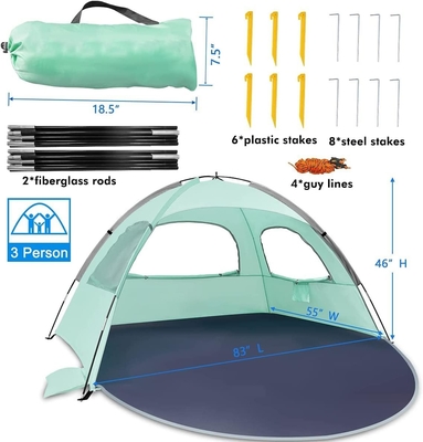 WhiteFang Beach Tent Anti-UV Portable Sun Shade Shelter untuk 3/4/6 Orang, Lantai yang dapat diperluas dengan 3 Lampu Ventilasi Mesh