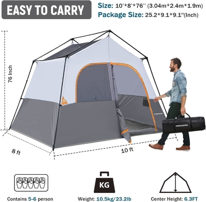 HIKERGARDEN 6 orang tenda perkemahan - portabel mudah mengatur tenda keluarga untuk perkemahan, kain tahan angin tenda kabin luar ruangan