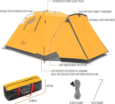 KAZOO 2/4 Orang Tenda Camping Outdoor Waterproof Keluarga Tenda Besar 2/4 Orang Tent Pengaturan Mudah Dengan Porch Layer Ganda