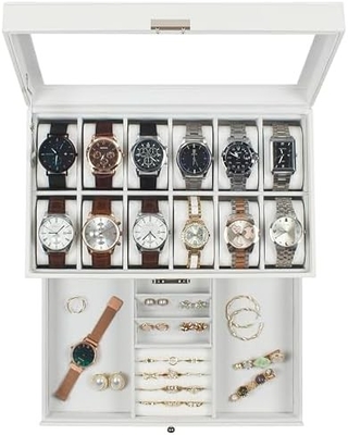 GUKA Watch Box 12 Slot Watch Display Organizer Kulit Perhiasan Kasus Laci Kaca Ulang Tahun untuk Pria Wanita, Anak Suami