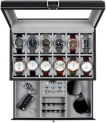 GUKA Watch Box 12 Slot Watch Display Organizer Kulit Perhiasan Kasus Laci Kaca Ulang Tahun untuk Pria Wanita, Anak Suami