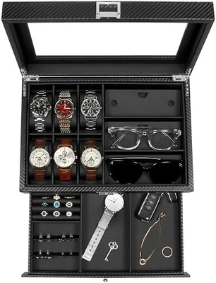 GUKA Watch Box 12 Slot Watch Display Organizer Kulit Perhiasan Kasus Laci Kaca Ulang Tahun untuk Pria Wanita, Anak Suami