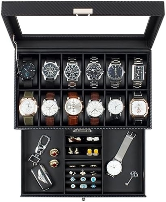 GUKA Watch Box 12 Slot Watch Display Organizer Kulit Perhiasan Kasus Laci Kaca Ulang Tahun untuk Pria Wanita, Anak Suami