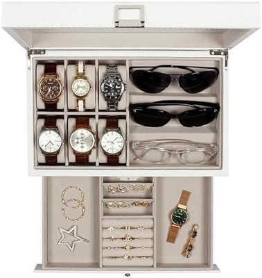 GUKA Watch Box 12 Slot Watch Display Organizer Kulit Perhiasan Kasus Laci Kaca Ulang Tahun untuk Pria Wanita, Anak Suami