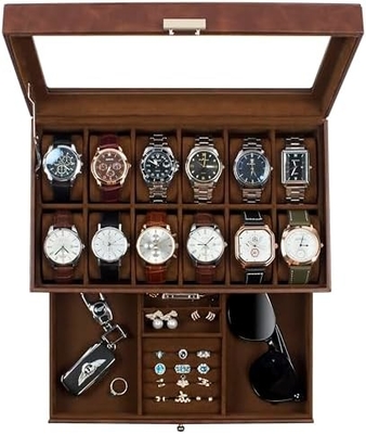 GUKA Watch Box 12 Slot Watch Display Organizer Kulit Perhiasan Kasus Laci Kaca Ulang Tahun untuk Pria Wanita, Anak Suami
