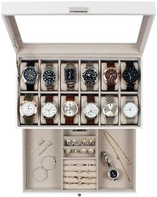 GUKA Watch Box 12 Slot Watch Display Organizer Kulit Perhiasan Kasus Laci Kaca Ulang Tahun untuk Pria Wanita, Anak Suami