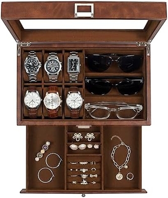 GUKA Watch Box 12 Slot Watch Display Organizer Kulit Perhiasan Kasus Laci Kaca Ulang Tahun untuk Pria Wanita, Anak Suami