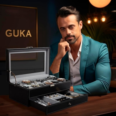 GUKA Watch Box 12 Slot Watch Display Organizer Kulit Perhiasan Kasus Laci Kaca Ulang Tahun untuk Pria Wanita, Anak Suami