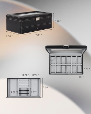 GUKA Watch Box 12 Slot Watch Display Organizer Kulit Perhiasan Kasus Laci Kaca Ulang Tahun untuk Pria Wanita, Anak Suami