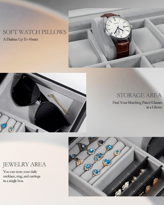 GUKA Watch Box 12 Slot Watch Display Organizer Kulit Perhiasan Kasus Laci Kaca Ulang Tahun untuk Pria Wanita, Anak Suami