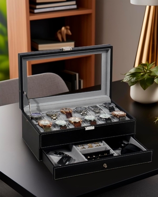 GUKA Watch Box 12 Slot Watch Display Organizer Kulit Perhiasan Kasus Laci Kaca Ulang Tahun untuk Pria Wanita, Anak Suami