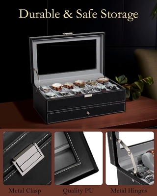 GUKA Watch Box 12 Slot Watch Display Organizer Kulit Perhiasan Kasus Laci Kaca Ulang Tahun untuk Pria Wanita, Anak Suami