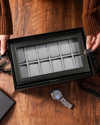 GUKA Watch Box 12 Slot Watch Display Organizer Kulit Perhiasan Kasus Laci Kaca Ulang Tahun untuk Pria Wanita, Anak Suami