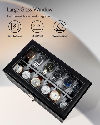 GUKA Watch Box 12 Slot Watch Display Organizer Kulit Perhiasan Kasus Laci Kaca Ulang Tahun untuk Pria Wanita, Anak Suami