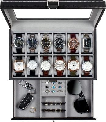 GUKA Watch Box 12 Slot Watch Display Organizer Kulit Perhiasan Kasus Laci Kaca Ulang Tahun untuk Pria Wanita, Anak Suami