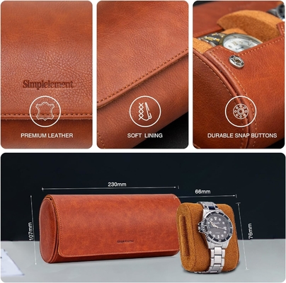 Kasus Jam Tangan Perjalanan, Jam Tangan Roll untuk 3 Jam Tangan, Kulit Palsu Premium, Kemasan kotak hadiah √ Brown √