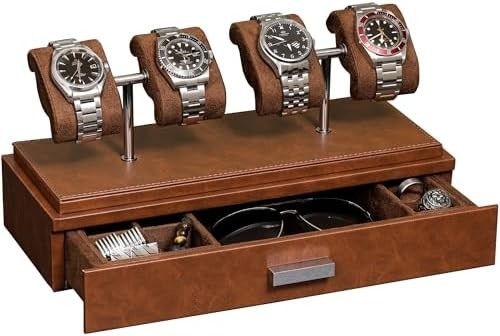 ROTHWELL Luxury Watch Display Case for 4 Watches ️ Kotak jam tangan kulit dengan penutup akrilik dan slide yang bisa dilepas di bantal