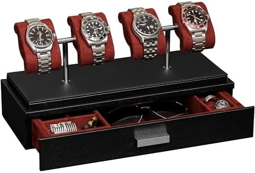 ROTHWELL Luxury Watch Display Case for 4 Watches ️ Kotak jam tangan kulit dengan penutup akrilik dan slide yang bisa dilepas di bantal