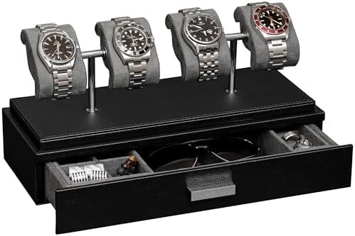 ROTHWELL Luxury Watch Display Case for 4 Watches ️ Kotak jam tangan kulit dengan penutup akrilik dan slide yang bisa dilepas di bantal