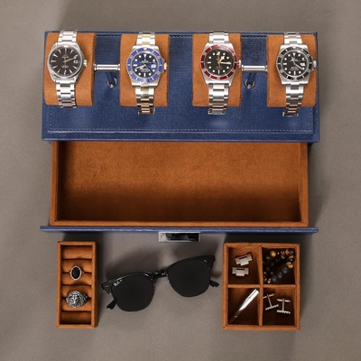 ROTHWELL Luxury Watch Display Case for 4 Watches ️ Kotak jam tangan kulit dengan penutup akrilik dan slide yang bisa dilepas di bantal