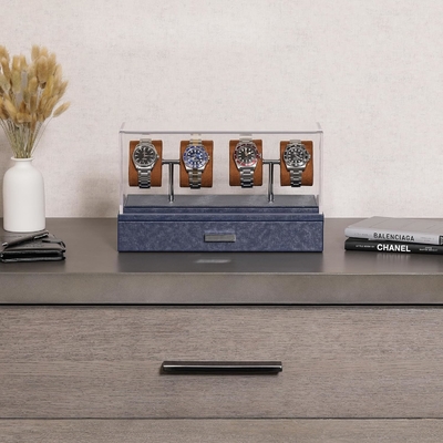 ROTHWELL Luxury Watch Display Case for 4 Watches ️ Kotak jam tangan kulit dengan penutup akrilik dan slide yang bisa dilepas di bantal
