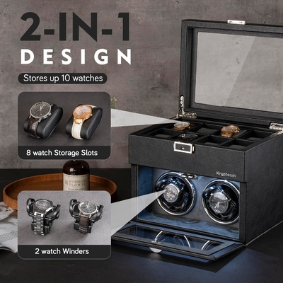 Automatic Double Watch Winder dengan 8 Extra Storage Box, Double Automatic Watch Winder Box dengan Organiser Perhiasan,