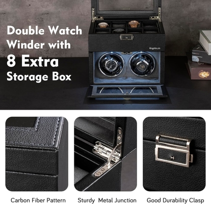 Automatic Double Watch Winder dengan 8 Extra Storage Box, Double Automatic Watch Winder Box dengan Organiser Perhiasan,