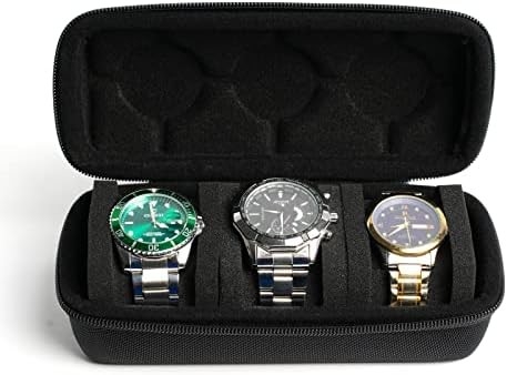3 watch travel case roll, Hard watch carry case roll display storage holder box with soft foam pillows comfortably fit all size