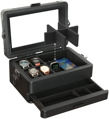 KASE ELEGANCE Militer 10 Slot Watch Box Case Organizer untuk Pria, Top Kaca Asli, Modular Valet Tray,