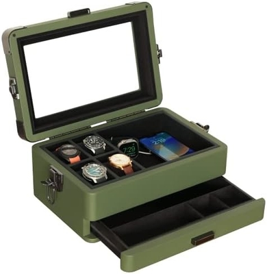 KASE ELEGANCE Militer 10 Slot Watch Box Case Organizer untuk Pria, Top Kaca Asli, Modular Valet Tray,