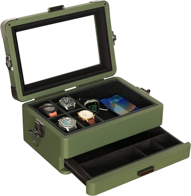 KASE ELEGANCE Militer 10 Slot Watch Box Case Organizer untuk Pria, Top Kaca Asli, Modular Valet Tray,