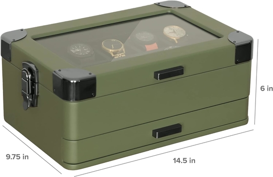 KASE ELEGANCE Militer 10 Slot Watch Box Case Organizer untuk Pria, Top Kaca Asli, Modular Valet Tray,