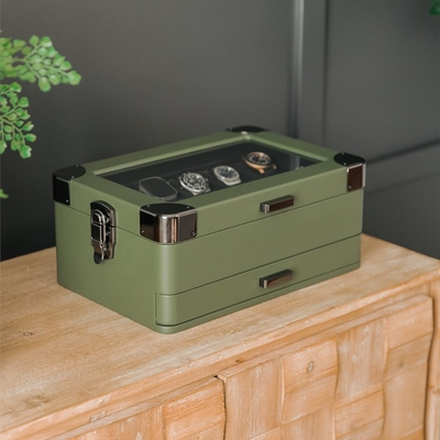 KASE ELEGANCE Militer 10 Slot Watch Box Case Organizer untuk Pria, Top Kaca Asli, Modular Valet Tray,