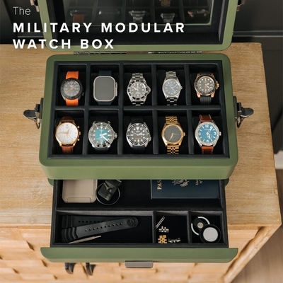 KASE ELEGANCE Militer 10 Slot Watch Box Case Organizer untuk Pria, Top Kaca Asli, Modular Valet Tray,