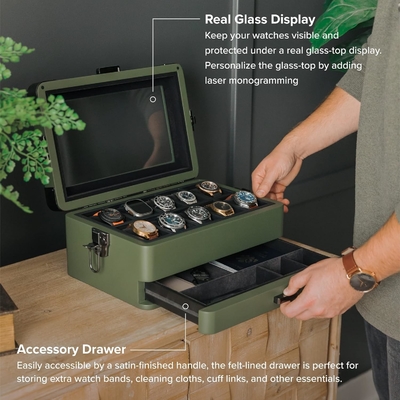 KASE ELEGANCE Militer 10 Slot Watch Box Case Organizer untuk Pria, Top Kaca Asli, Modular Valet Tray,