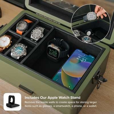KASE ELEGANCE Militer 10 Slot Watch Box Case Organizer untuk Pria, Top Kaca Asli, Modular Valet Tray,
