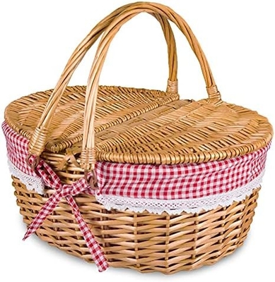 Wicker Picnic Basket dengan tutup dan pegangan Badan tenun yang kokoh dengan lapisan yang bisa dicuci untuk Paskah, Hari Ibu, berkemah di luar ruangan