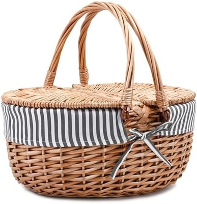 Wicker Picnic Basket dengan tutup dan pegangan Badan tenun yang kokoh dengan lapisan yang bisa dicuci untuk Paskah, Hari Ibu, berkemah di luar ruangan