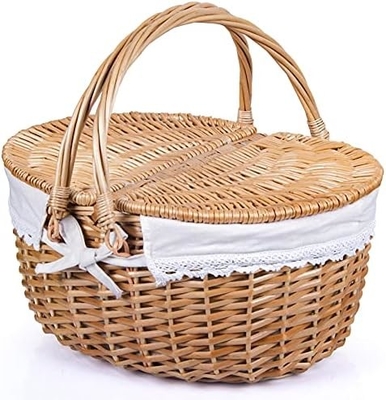 Wicker Picnic Basket dengan tutup dan pegangan Badan tenun yang kokoh dengan lapisan yang bisa dicuci untuk Paskah, Hari Ibu, berkemah di luar ruangan
