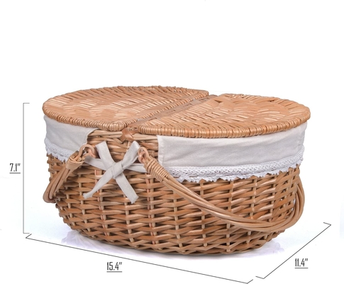 Wicker Picnic Basket dengan tutup dan pegangan Badan tenun yang kokoh dengan lapisan yang bisa dicuci untuk Paskah, Hari Ibu, berkemah di luar ruangan