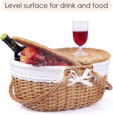 Wicker Picnic Basket dengan tutup dan pegangan Badan tenun yang kokoh dengan lapisan yang bisa dicuci untuk Paskah, Hari Ibu, berkemah di luar ruangan