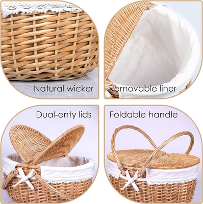Wicker Picnic Basket dengan tutup dan pegangan Badan tenun yang kokoh dengan lapisan yang bisa dicuci untuk Paskah, Hari Ibu, berkemah di luar ruangan