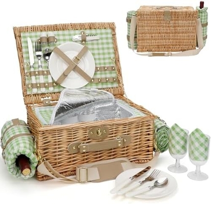 Wicker Picnic Basket dengan tutup dan pegangan Badan tenun yang kokoh dengan lapisan yang bisa dicuci untuk Paskah, Hari Ibu, berkemah di luar ruangan