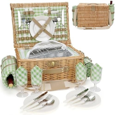 Wicker Picnic Basket dengan tutup dan pegangan Badan tenun yang kokoh dengan lapisan yang bisa dicuci untuk Paskah, Hari Ibu, berkemah di luar ruangan