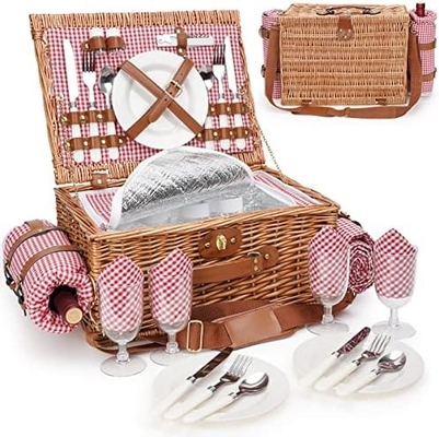 Wicker Picnic Basket dengan tutup dan pegangan Badan tenun yang kokoh dengan lapisan yang bisa dicuci untuk Paskah, Hari Ibu, berkemah di luar ruangan