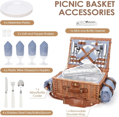 Wicker Picnic Basket dengan tutup dan pegangan Badan tenun yang kokoh dengan lapisan yang bisa dicuci untuk Paskah, Hari Ibu, berkemah di luar ruangan