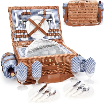 Wicker Picnic Basket dengan tutup dan pegangan Badan tenun yang kokoh dengan lapisan yang bisa dicuci untuk Paskah, Hari Ibu, berkemah di luar ruangan