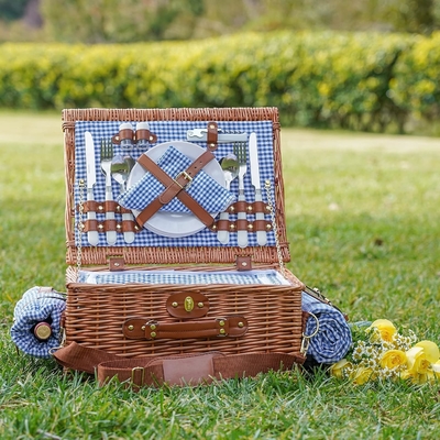 Wicker Picnic Basket dengan tutup dan pegangan Badan tenun yang kokoh dengan lapisan yang bisa dicuci untuk Paskah, Hari Ibu, berkemah di luar ruangan