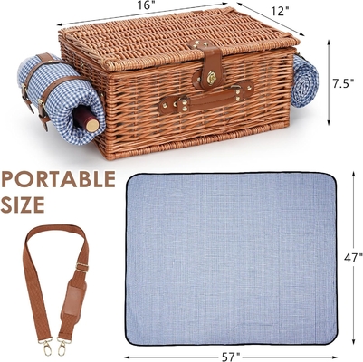 Wicker Picnic Basket dengan tutup dan pegangan Badan tenun yang kokoh dengan lapisan yang bisa dicuci untuk Paskah, Hari Ibu, berkemah di luar ruangan